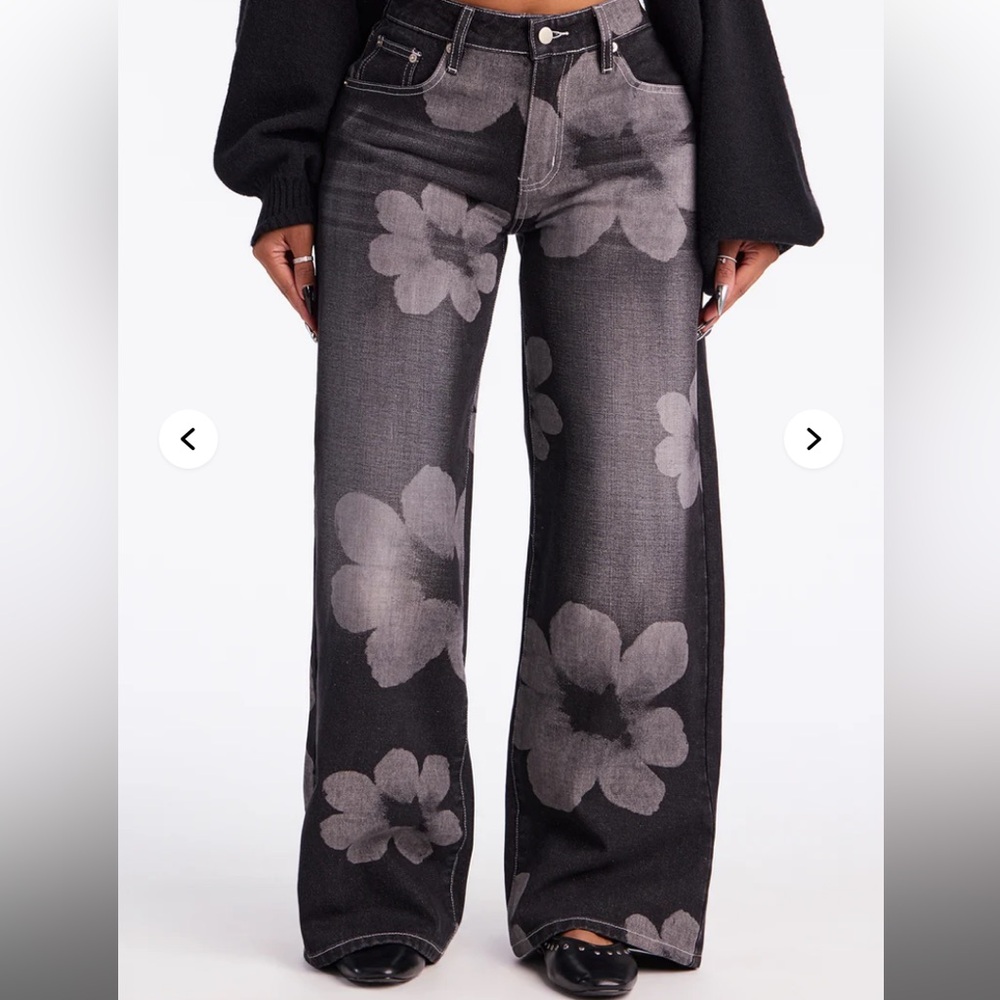 Floral Print Wide Leg Jeans - Black with Washed White Flowers - Picture 2 of 15